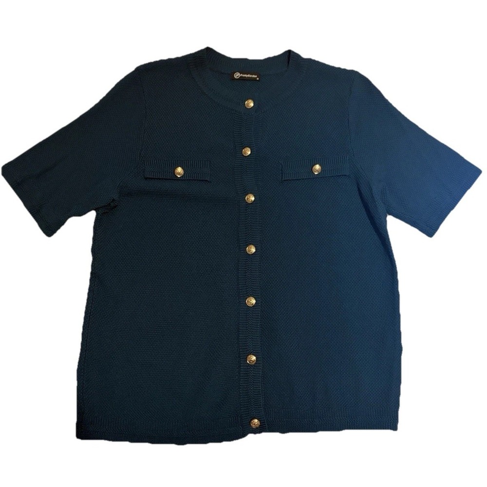 PRETTY GARDEN Teal Blue Cardigan Sz Med Short Sleeve Golden Buttons Quiet Luxury
